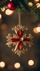 Christmas decoration hanging on a christmas tree with bokeh background