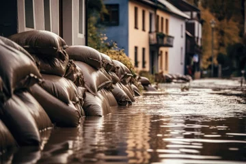 Foto op Aluminium Close shot of flood Protection Sandbags with flooded homes in the background. - AI Generated © mbruxelle