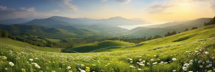 Beautiful panoramic landscape of a green hills with spring flowers - AI Generated - obrazy, fototapety, plakaty