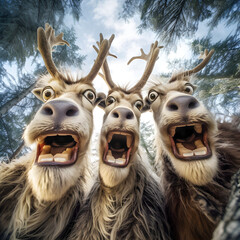 Selfie of Christmas reindeers. Funny expression, comic face. Deers taking a photo outoor with fisheye effect. Animal looking at the camera. Winter wildlife nature. - obrazy, fototapety, plakaty
