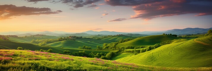 Fototapeta na wymiar Beautiful panoramic landscape of a green hills with spring flowers - AI Generated