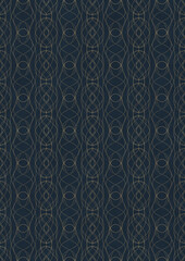 Hand-drawn unique abstract symmetrical seamless gold ornament on a deep blue background. Paper texture. Digital artwork, A4. (pattern: p10-1f)