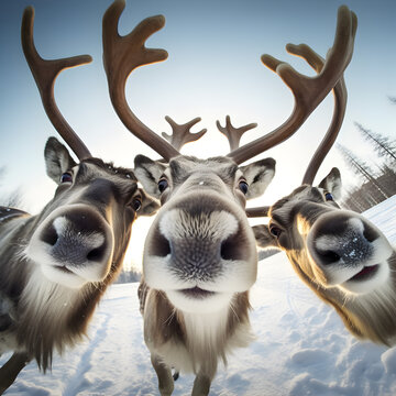 Christmas reindeers taking a selfie in the snow. Funny expression, comic face. Deers taking a photo outoor with fisheye effect. Animal looking at the camera. Winter wildlife.