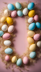 Colorful easter eggs in nest on pink background. top view
