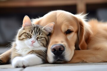 A closeup view, portrait of Cute British cat and golden retriever dog together, friends and animal friends concept, blurred background