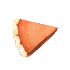 Watercolor realistic traditional dessert for Thanksgiving dinner, orange pumpkin slice pie. Hand-drawn illustration isolated on white background. Perfect for menu, cooking, packing, card thanksgiving