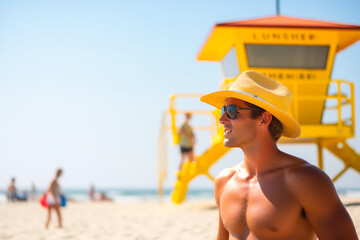 Portrait of a male lifeguard on the beach, watching over swimmers in the ocean, under the bright summer sun