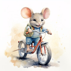 Cute mouse on a bicycle clip art isolated on a white background (generative ai)