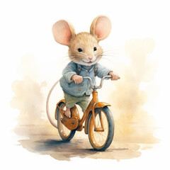 Cute mouse on a bicycle clip art isolated on a white background (generative ai)