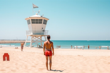 Lifeguard station on beach with sea and blue sky with a man looking towards it