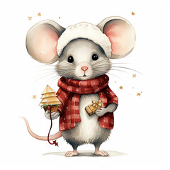 Cute vintage drawn christmas mouse clip art (generative ai)