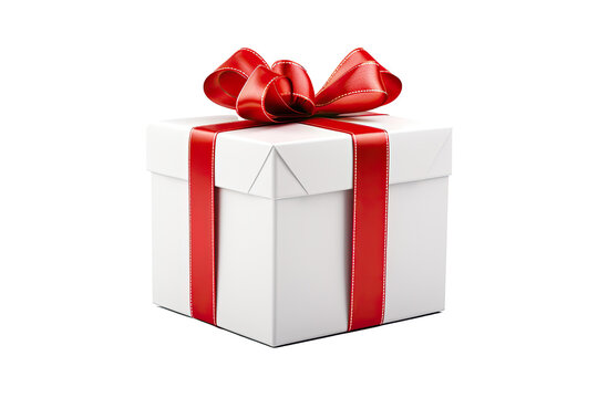 White gift box with red ribbon isolated on transparent and white background - AI Generated