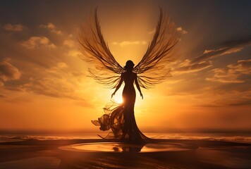 Sunset Wings: Female Angel in Silhouette