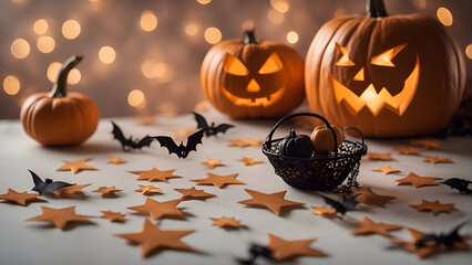 Halloween decoration with pumpkins and bats on bokeh background