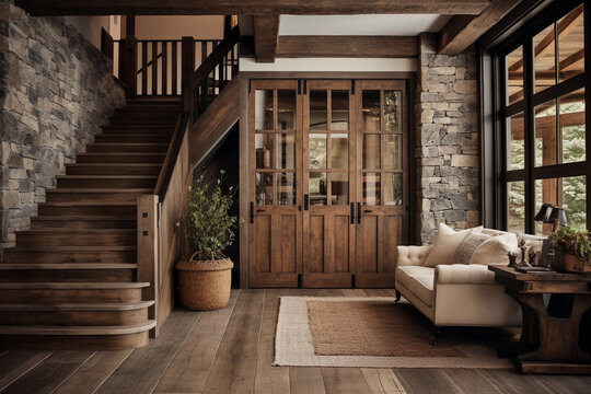 Converted country farmhouse entrance lobby large hardwood staircase with cladded Stonewall hardwood flooring sofa and table large potted plant interior traditional room design oak beam ceiling