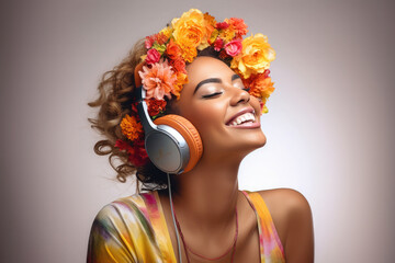 natural african woman with flowers in her hair and headphones listening and enjoying music 