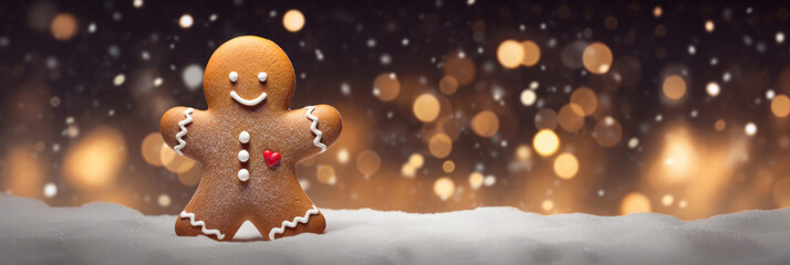 Gingerbread Man Christmas with snow and lights - Wide Background with copy space - obrazy, fototapety, plakaty