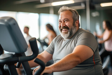 Full-figured caucasian middle-aged man exercising in gym
