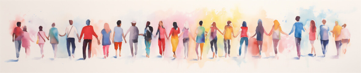 Vibrant Watercolor Painting, Group of People Standing Together Holding Hands, Generative AI - obrazy, fototapety, plakaty