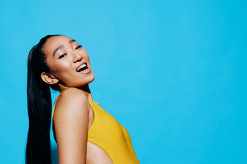 Blue woman beauty trendy yellow fashion portrait smile