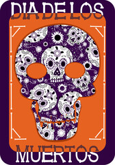 Day of the Dead mexican holiday texture of skulls on a skull silhouette, vector illustration.