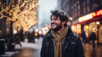 An Arab man enjoying the seasonal winter weather outdoors - obrazy, fototapety, plakaty