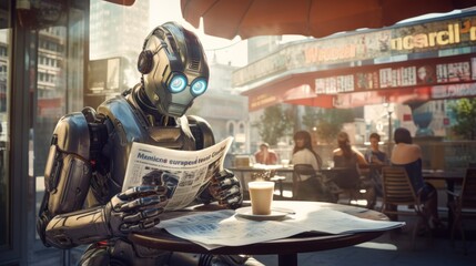 Photograph of a robot reading the newspaper at a cafe - obrazy, fototapety, plakaty