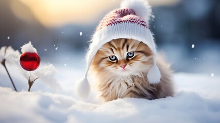 adorable kitten rolling in the winter snow with a hat and scarf - Powered by Adobe