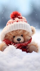 stuffed teddy bear wearing scarf and hat in the winter snow