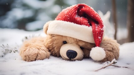 stuffed teddy bear wearing scarf and hat in the winter snow - obrazy, fototapety, plakaty