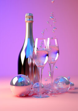 A bottle of champagne and two glasses. New year, celebration and party concept. Bright pastel colors of pink, purple and blue.