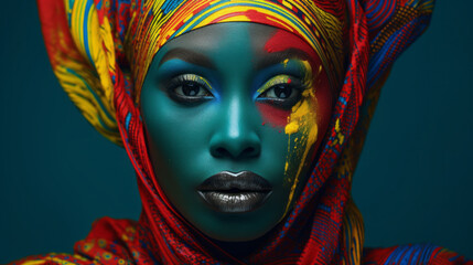 A beautiful and proud African woman with colorful vibrant colors on her face. The concept of beauty, African culture and art.
