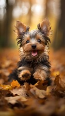 Yorkshire terrier frolicking in the autumn leaves - obrazy, fototapety, plakaty