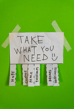 POSTER, PAMPLET, ON GREEN BACKGROUND WITH POSITIVE MESSAGE, TO CUT OUT