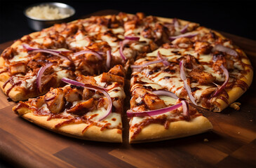 BBQ Chicken pizza made of barbecue sauce, mozzarella cheese, grilled chicken and red onions