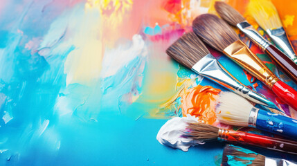 Colorful oil paints and brushes. Art, painting, hobby, creativity and imagination concept.