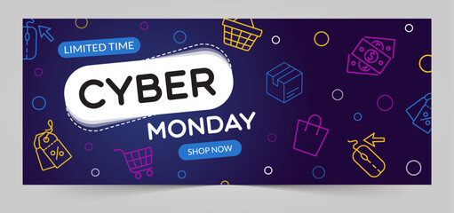 Cyber Monday Sale Banner. Promo Advertising Poster, Store Discount Flyer or Off Voucher. Vector Illustration, Abstract Background.