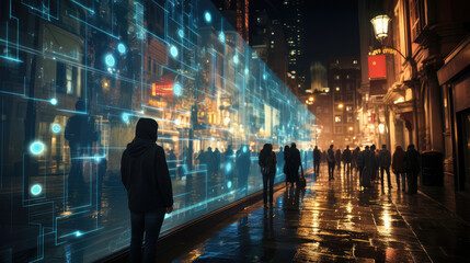 City's dusk, people under the gaze of AI facial recognition cameras - obrazy, fototapety, plakaty