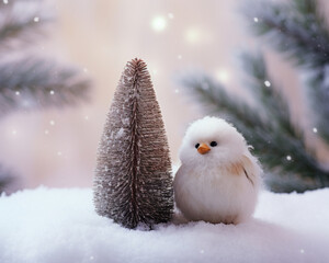 Obraz premium A small white bird next to a decorative Christmas tree with snowflakes in the background.