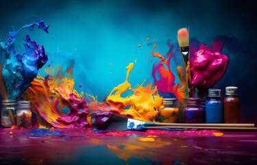 Colorful oil paints and brushes. Art, painting, hobby, creativity and imagination concept.