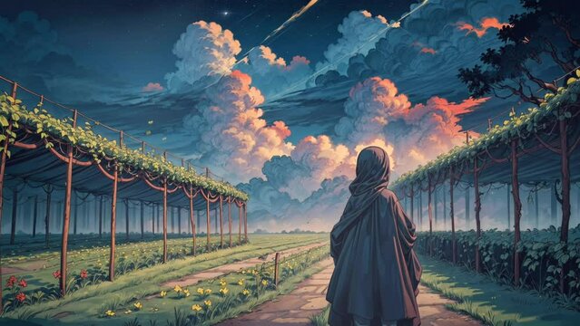 landscape people, A woman wearing a hijab can be seen from behind standing on the grass garden looking at the sky
