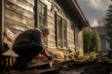 Naklejka na ściany i meble Man cleans up his house after a hurricane