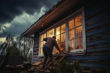 Man cleans up his house after a hurricane