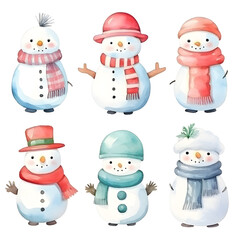 Set watercolor Christmas cartoon snowman in cozy scarf and hat isolated on white background, cute character, winter season, holiday