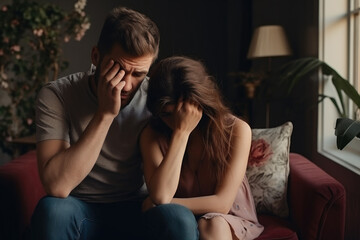 Couple, divorce and headache in conflict, fight or argument on the living room sofa at home. Woman and frustrated man in depression, cheating affair or toxic relationship in the house - obrazy, fototapety, plakaty