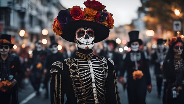 Sugar skull costume at the Day of the Dead parade in Paris. France