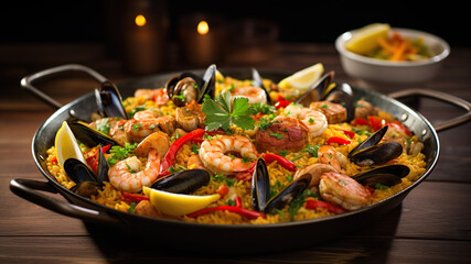 "Spanische Tradition im Teller: Paella – Das köstliche Reisgericht mit saftigen Garnelen, zarten Muscheln und aromatischen Meeresfrüchten."