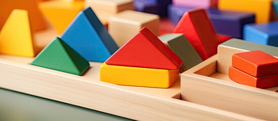 Colorful wooden Montessori sensorial material for learning shapes and colors in kindergarten enhancing cognitive skills through play