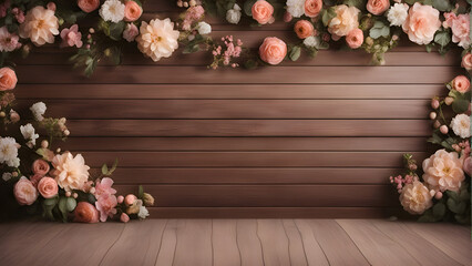 Obraz na płótnie Canvas Wooden wall with flowers and leaves against room with wooden planks