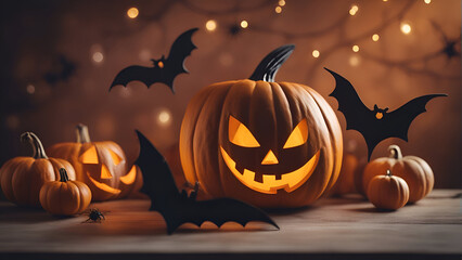 Halloween pumpkins and bats on wooden background. Happy Halloween.